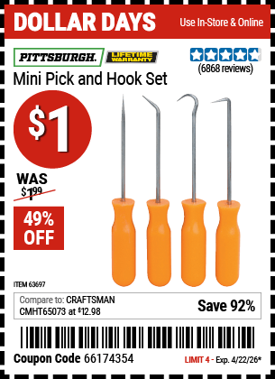 Harbor Freight Coupons, HF Coupons, 20% off - 4 Pc. Pick And Hook Set