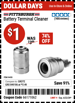 Harbor Freight Coupons, HF Coupons, 20% off - Battery Terminal Cleaner