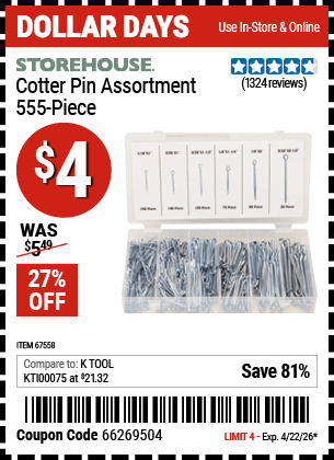 Harbor Freight Coupons, HF Coupons, 20% off - 555 Piece Cotter Pins