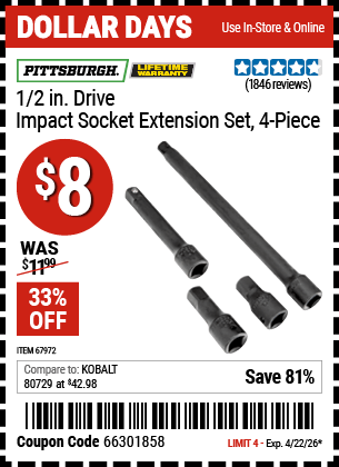 Harbor Freight Coupons, HF Coupons, 20% off - 4 Piece 1/2