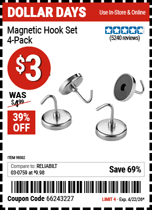 Harbor Freight Coupons, HF Coupons, 20% off - 4 Piece Magnetic Hook Set