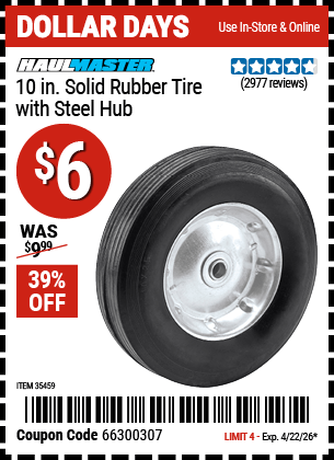 Harbor Freight Coupons, HF Coupons, 20% off - 10 in. Solid Rubber Tire with Steel Hub