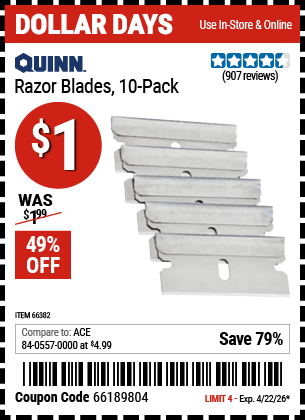 Harbor Freight Coupons, HF Coupons, 20% off - QUINN Razor Blades, 10-Pack for $0.99