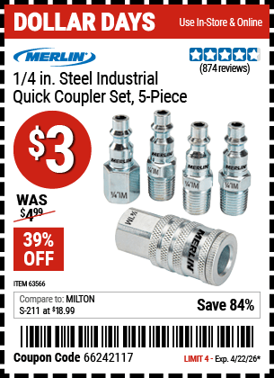 Harbor Freight Coupons, HF Coupons, 20% off - 5 Piece Steel Coupler Connector Kit Industrial Series