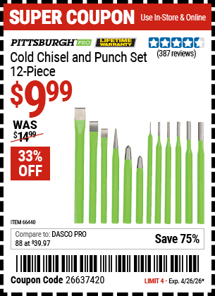 Harbor Freight Coupons, HF Coupons, 20% off - 12 Piece Cold Chisel And Punch Set