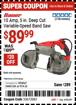 Harbor Freight Coupons, HF Coupons, 20% off - 10 Amp Deep Cut Variable Speed Band Saw Kit
