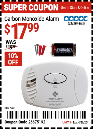 Harbor Freight Coupons, HF Coupons, 20% off - Carbon Monoxide Detector
