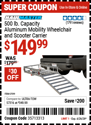 Harbor Freight Coupons, HF Coupons, 20% off - 500 Lb. Capacity Aluminum Mobility Wheelchair And Scooter Carrier
