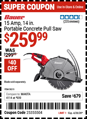 Harbor Freight Coupons, HF Coupons, 20% off - BAUER 15 Amp, 14 in. Portable Concrete Pull Saw for $229.99