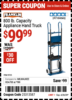 Harbor Freight Coupons, HF Coupons, 20% off - FRANKLIN 800 lb. Capacity Appliance Hand Truck for $99.99