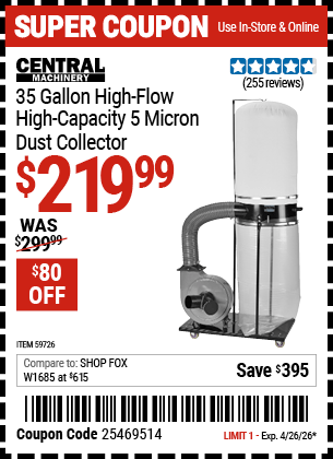 Harbor Freight Coupons, HF Coupons, 20% off - CENTRAL MACHINERY 35 Gallon, 2 HP High-Flow High-Capacity Dust Collector for $199.99