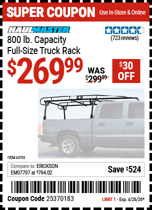 Harbor Freight Coupons, HF Coupons, 20% off - HAUL-MASTER 800 Lbs. Capacity Full Size Truck Rack for $229.99