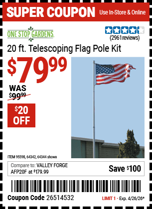 Harbor Freight Coupons, HF Coupons, 20% off - 20 Ft. Telescoping Flag Pole