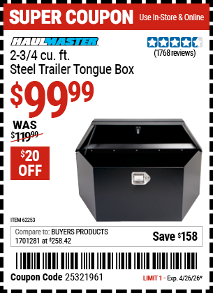 Harbor Freight Coupons, HF Coupons, 20% off - HAUL-MASTER 2-3/4 cu. ft. Steel Trailer Tongue Box