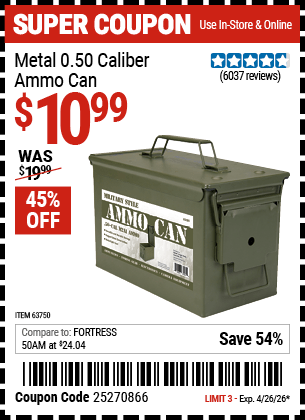 Harbor Freight Coupons, HF Coupons, 20% off - .50 Cal Metal Ammo Can