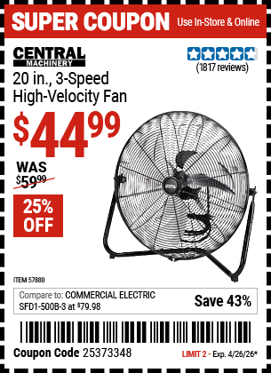 Harbor Freight Coupons, HF Coupons, 20% off - CENTRAL MACHINERY 20 in., 3-Speed High Velocity Fan for $44.99