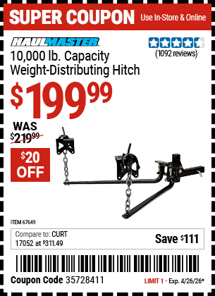 Harbor Freight Coupons, HF Coupons, 20% off - 10,000 Lb. Capacity Weight-distributing Hitch System