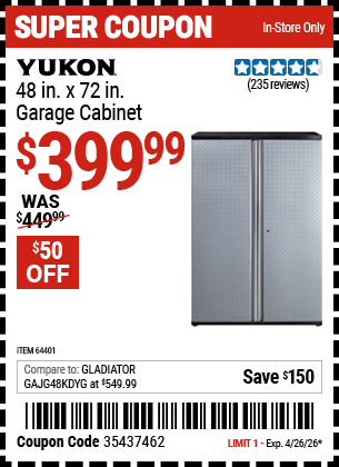 Harbor Freight Coupons, HF Coupons, 20% off - YUKON 48 In. X 72 In. Garage Cabinet for $399.99