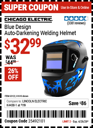 Harbor Freight Coupons, HF Coupons, 20% off - Auto-darkening Welding Helmet With Blue Flame Design