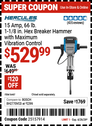 Harbor Freight Coupons, HF Coupons, 20% off - Hercules 15 Amp Pro, 1-1/8' Hex Breaker Hammer Kit