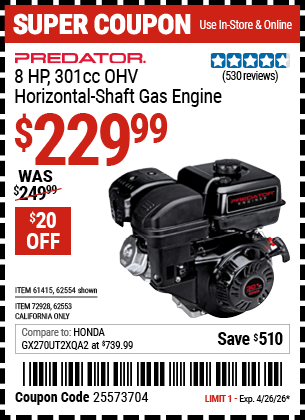 Harbor Freight Coupons, HF Coupons, 20% off - 8 Hp(301 Cc) Ohv Horizontal Shaft Gas Engine