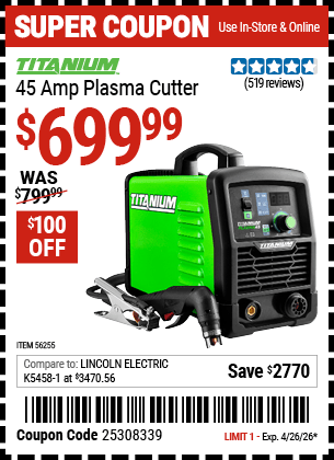 Harbor Freight Coupons, HF Coupons, 20% off - Titanium 45a Plasma Cutter