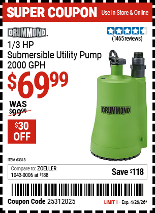 Harbor Freight Coupons, HF Coupons, 20% off - 1/3 Hp Submersible Utility Pump