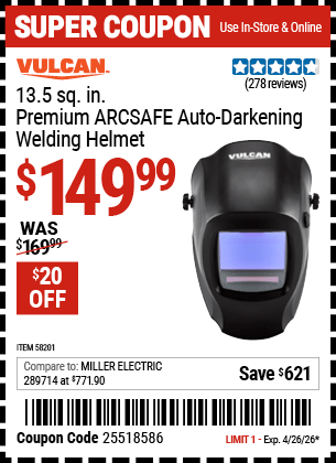 Harbor Freight Coupons, HF Coupons, 20% off - VULCAN Premium ARCSAFE Auto-Darkening Welding Helmet for $149.99