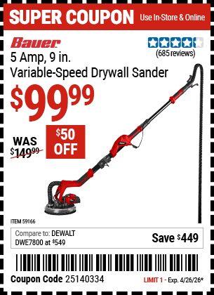 Harbor Freight Coupons, HF Coupons, 20% off - BAUER 5 Amp 9 in. Variable Speed Drywall Sander 