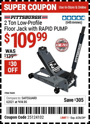 Harbor Freight Coupons, HF Coupons, 20% off - PITTSBURGH 2 Ton Low-Profile Floor Jack with RAPID PUMP for $109.99