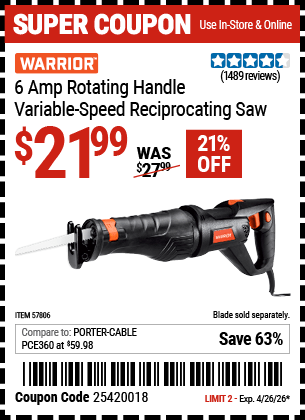 Harbor Freight Coupons, HF Coupons, 20% off - WARRIOR 6 Amp Rotating Handle Variable Speed Reciprocating Saw 