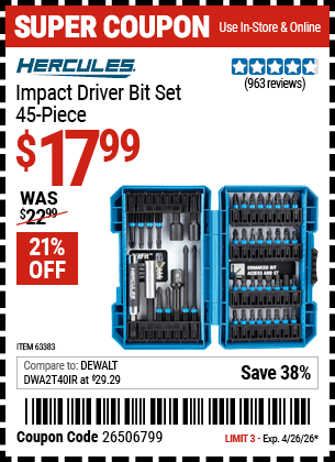 Harbor Freight Coupons, HF Coupons, 20% off - Hercules 45 Piece Impact Drill And Driver Bit Set