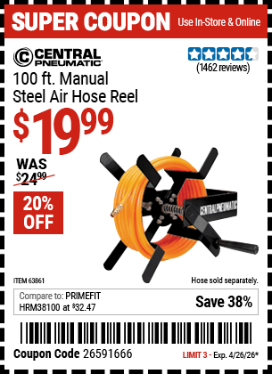 Harbor Freight Coupons, HF Coupons, 20% off - 100 Ft. Manual Steel Air Hose Reel