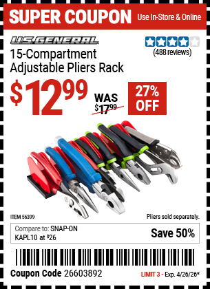 Harbor Freight Coupons, HF Coupons, 20% off - U.S. GENERAL 15 Compartment Adjustable Plier Rack for $12.99