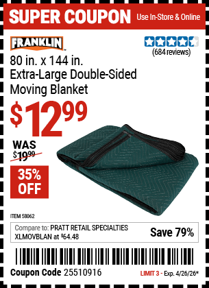 Harbor Freight Coupons, HF Coupons, 20% off - 80 in. x 144 in. Extra Large Double-Sided Moving Blanket