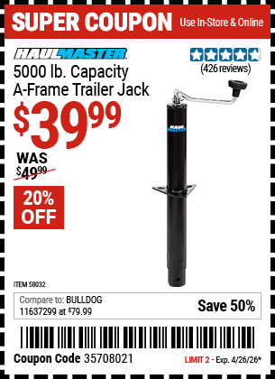 Harbor Freight Coupons, HF Coupons, 20% off - HAUL-MASTER 5000 lb. Capacity A-Frame Trailer Jack for $39.99