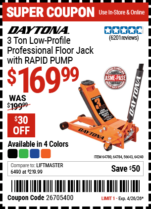 Harbor Freight Coupons, HF Coupons, 20% off - Daytona Rapid Pump 3 Ton Steel Low Profile Floor Jacks