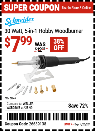 Harbor Freight Coupons, HF Coupons, 20% off - SCHNEIDER 30 Watt 5-In-1 Hobby Woodburner for $7.99