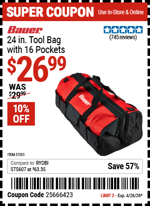 Harbor Freight Coupons, HF Coupons, 20% off - BAUER 24 in. Tool Bag with 16 Pockets for $24.99