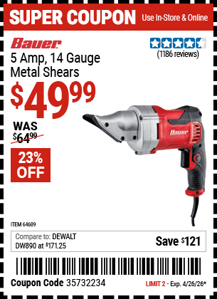Harbor Freight Coupons, HF Coupons, 20% off - 14 Guage, 5 Amp Swivel Head Shears