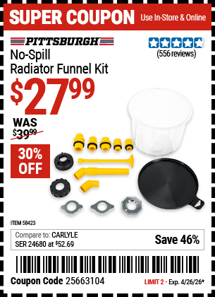 Harbor Freight Coupons, HF Coupons, 20% off - PITTSBURGH No-Spill Radiator Funnel Kit for $24.99
