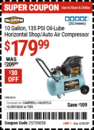 Harbor Freight Coupons, HF Coupons, 20% off - 10 Gallon Oil-Lube Portable Air Compressor