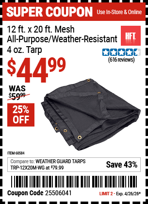 Harbor Freight Coupons, HF Coupons, 20% off - 12 ft. x 20 ft. Mesh All Purpose/Weather Resistant Tarp