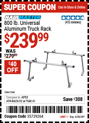 Harbor Freight Coupons, HF Coupons, 20% off - HAUL-MASTER 800 lb. Universal Aluminum Truck Rack for $229.99