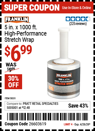 Harbor Freight Coupons, HF Coupons, 20% off - FRANKLIN 5 in. x 1000 ft. High Performance Stretch Wrap for $6.99