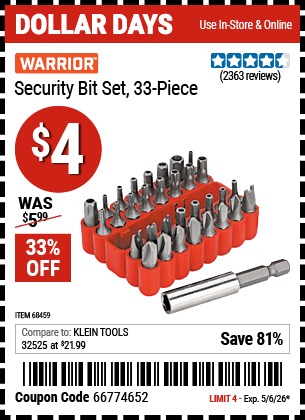 Harbor Freight Coupons, HF Coupons, 20% off - 33 Piece Security Bit Set