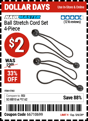Harbor Freight Coupons, HF Coupons, 20% off - 4 Piece Ball Stretch Cord Set