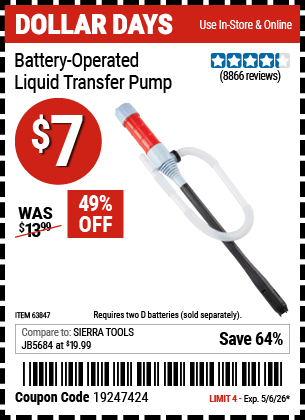 Harbor Freight Coupons, HF Coupons, 20% off - Battery Operated Liquid Transfer Pump