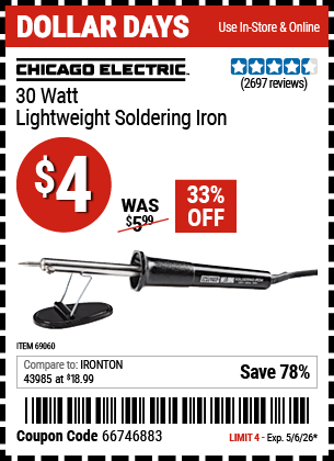 Harbor Freight Coupons, HF Coupons, 20% off - 30 Watt Lightweight Soldering Iron