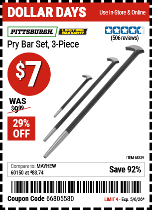 Harbor Freight Coupons, HF Coupons, 20% off - 3 Piece Pry Bar Set